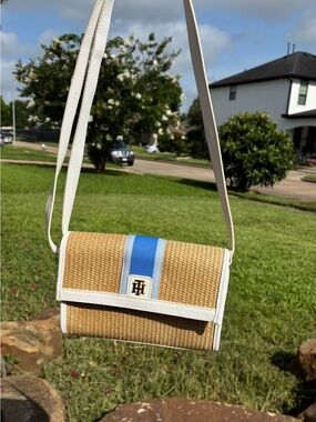Tommy Hilfiger Natural Woven Crossbody with White Trim and Blue Stripe
